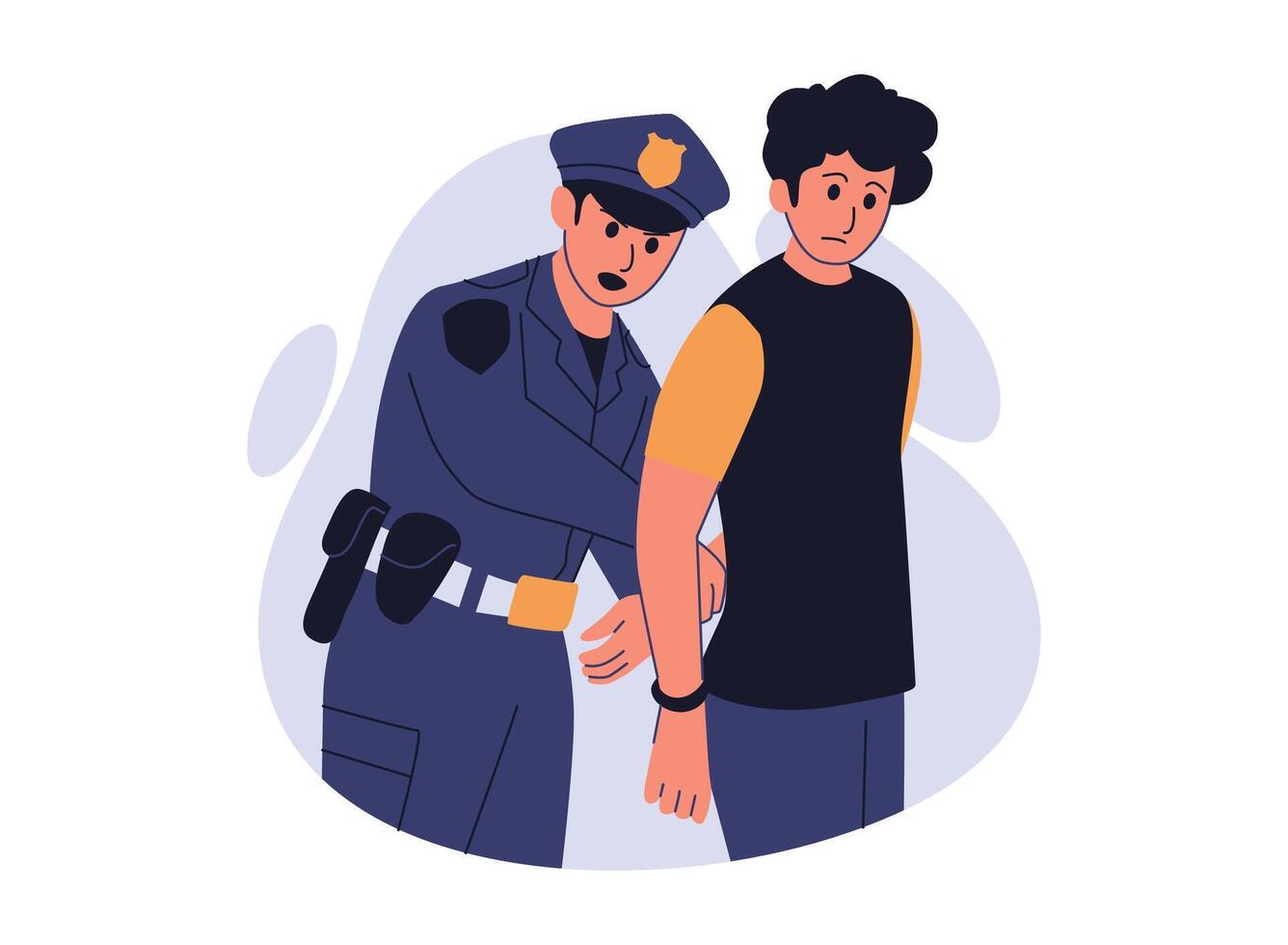 A flat illustration of a police officer catching a thief. The officer is holding the thief's arm, while the thief appears to be struggling. vector