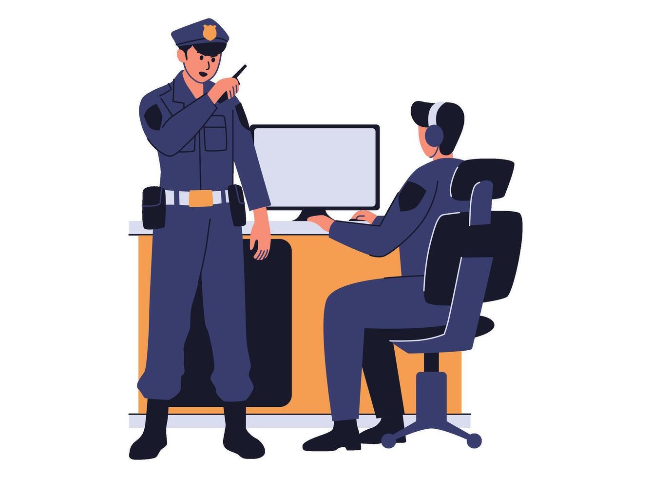 A flat illustration of a police officer in an office, surrounded by various office supplies. The officer appears to be working on a case vector