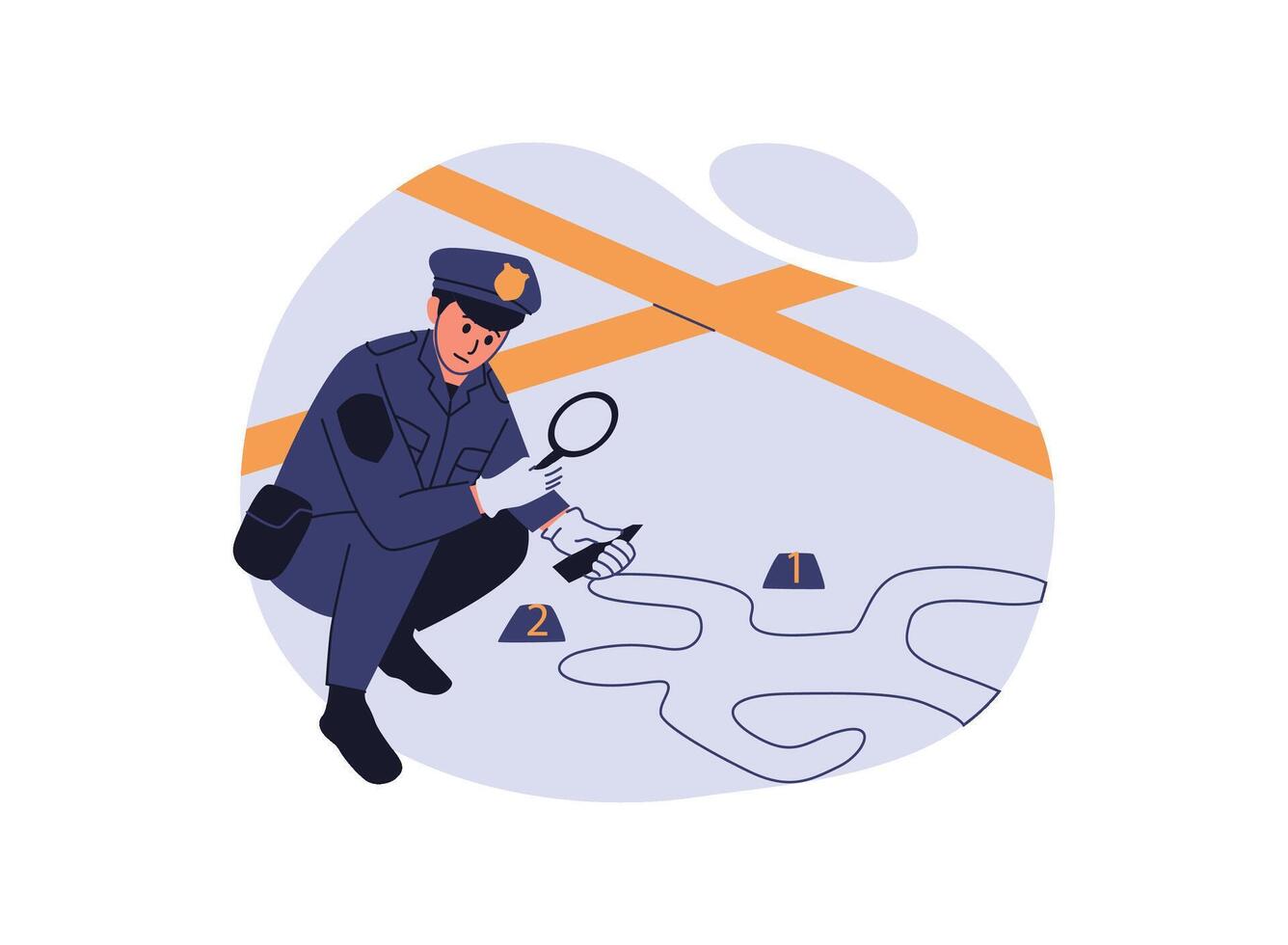 A flat illustration of a police officer investigating a crime scene, using a magnifying glass near numbered evidence markers and a chalk outline of a body, with police tape in the background. vector