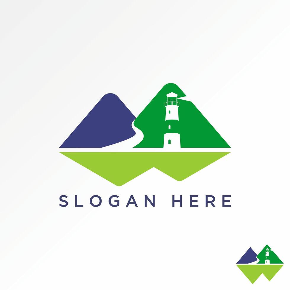 Logo design graphic concept abstract creative premium stock two mountains with river road light house shadow. Related to landscape view island vector