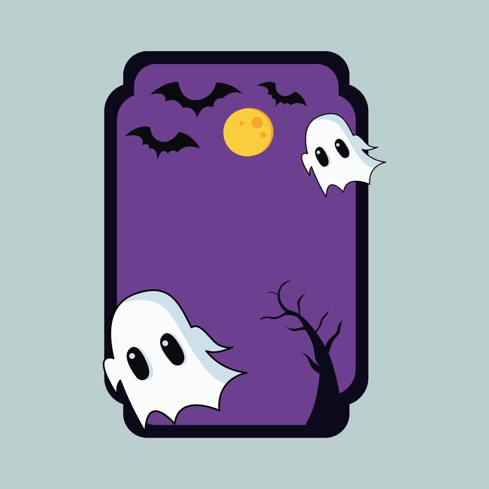 Two friendly ghosts and bats hover under a full moon in a spooky purple scene, framed by a silhouette of a barren tree. vector