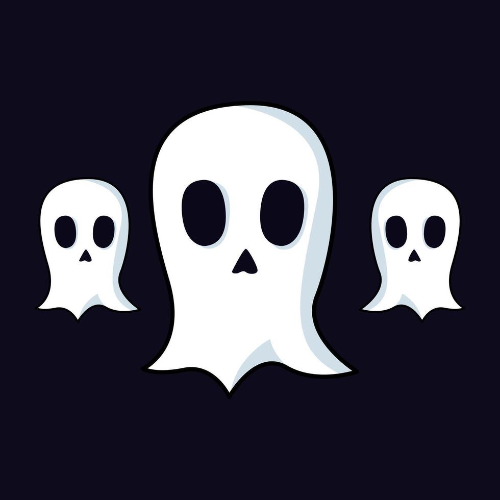 Three cartoon ghosts with wide eyes float against a dark background, creating a playful and spooky Halloween theme. vector