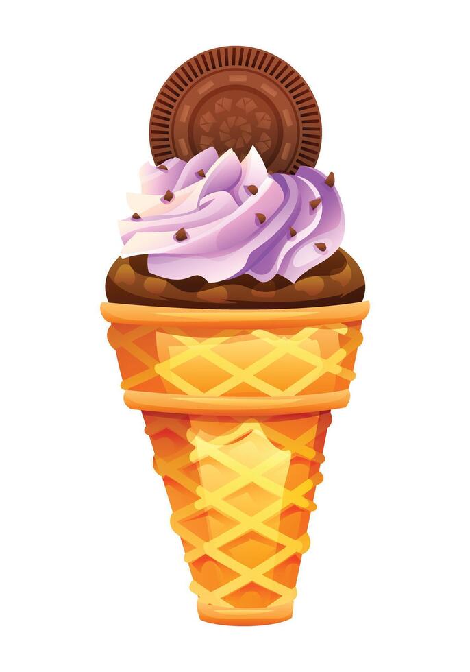 Purple ice cream with chocolate cookie topping in a waffle cone. cartoon illustration vector