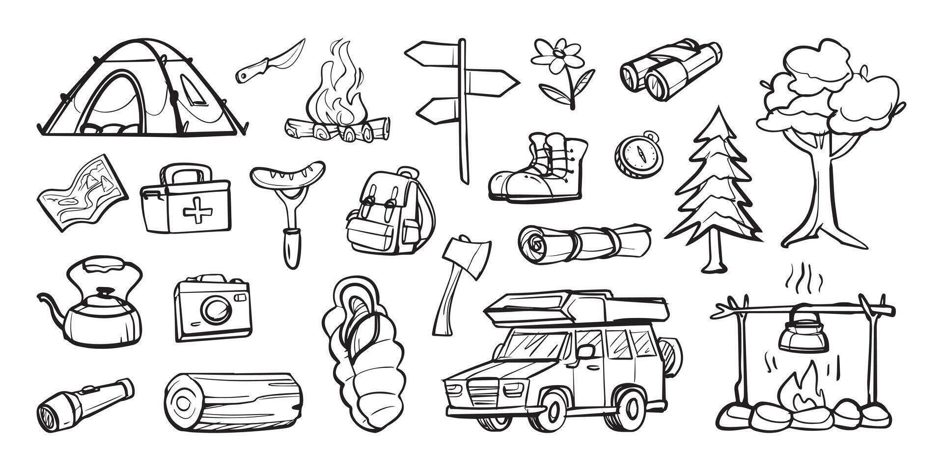 Hand drawn camping doodles cartoon illustration vector