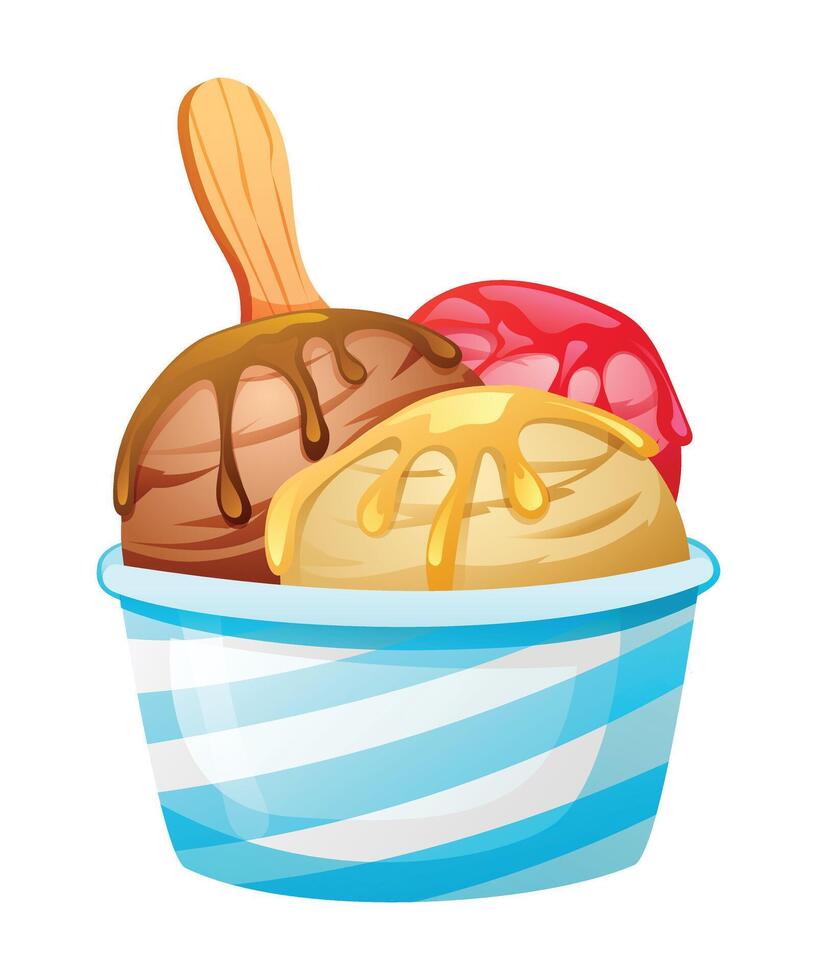 Ice cream scoops with chocolate, caramel and strawberry toppings in a cup with wooden spoon. Cartoon illustration vector