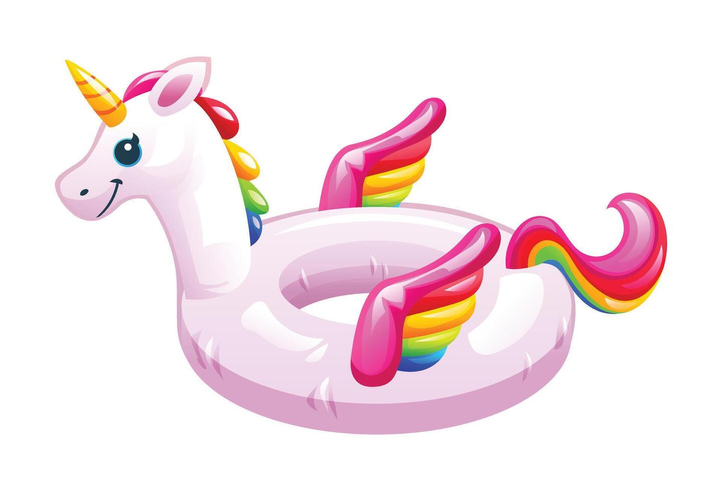 Unicorn shaped inflatable pool float with rainbow wings and spiral horn. cartoon illustration vector