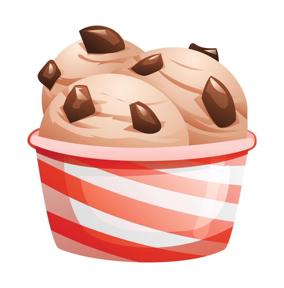 Three scoops of chocolate chip ice cream with chocolate chunks in a red striped cup. Cartoon illustration vector