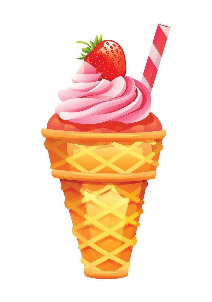 Ice cream with fresh strawberry topping and wafer stick in a waffle cone. cartoon illustration vector