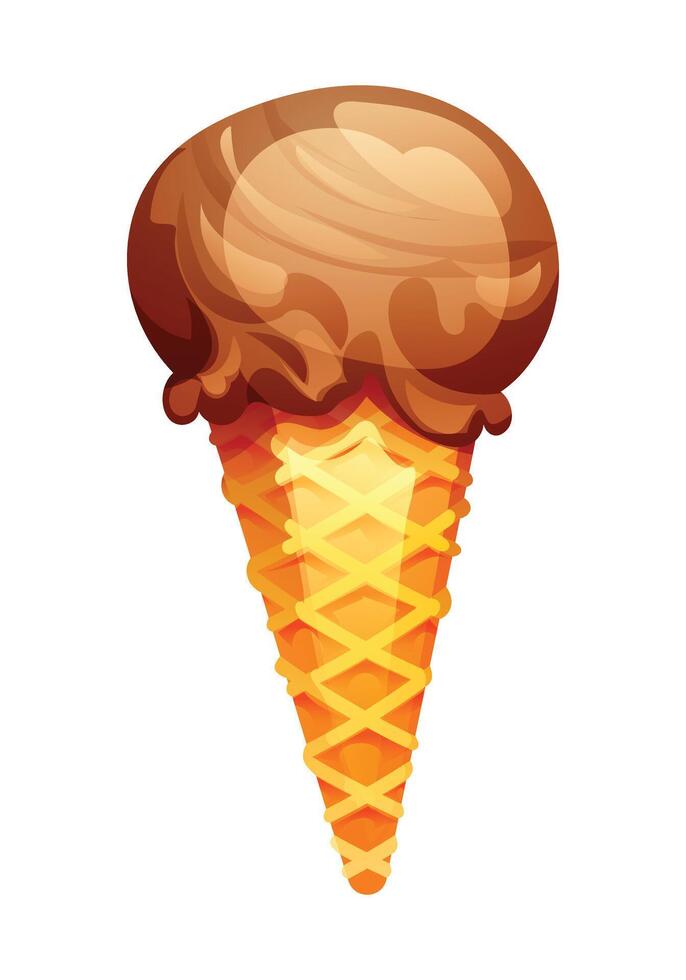 Chocolate ice cream in a crispy waffle cone, smooth and creamy. cartoon illustration. vector