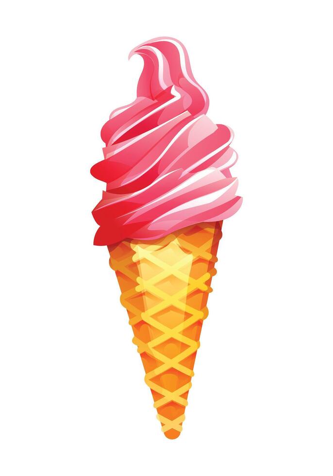 Delicious strawberry soft serve ice cream on a waffle cone. cartoon illustration vector