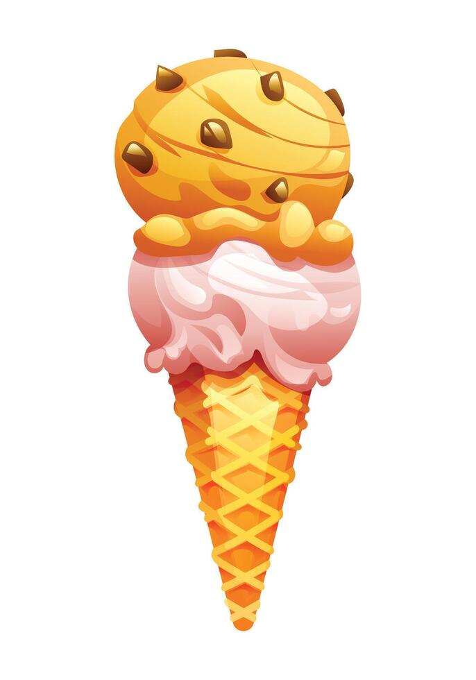 Double scoop caramel ice cream with chocolate chips on a waffle cone. cartoon illustration vector