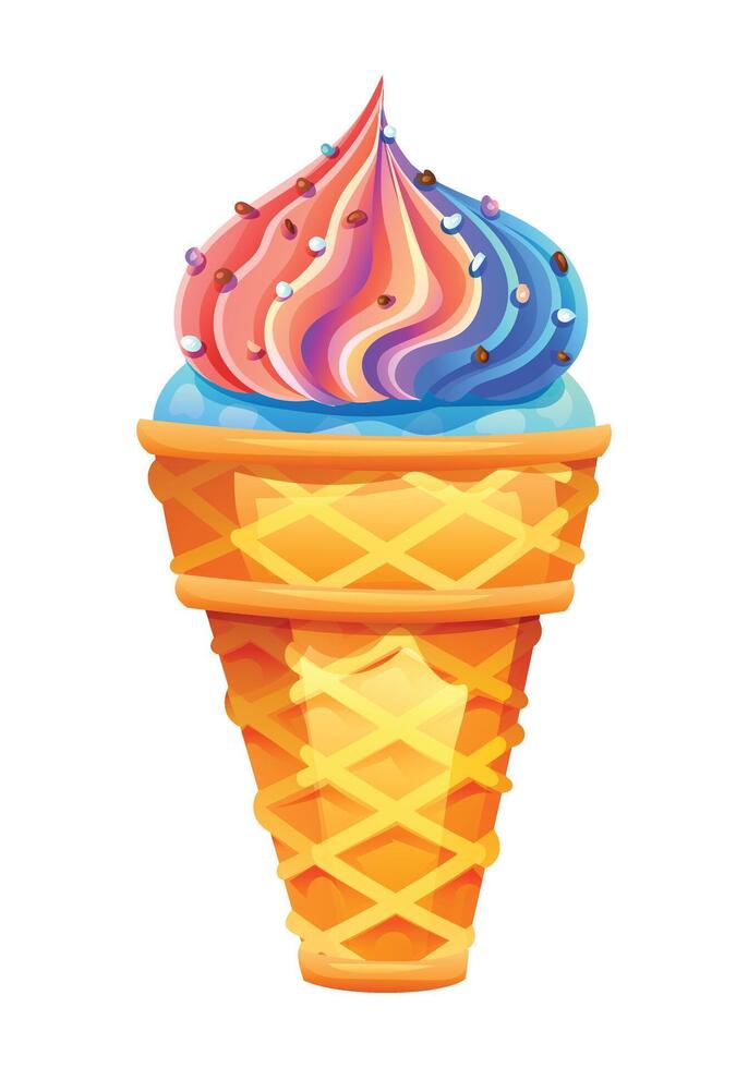 Rainbow swirl ice cream in a cone with sprinkles. cartoon illustration vector