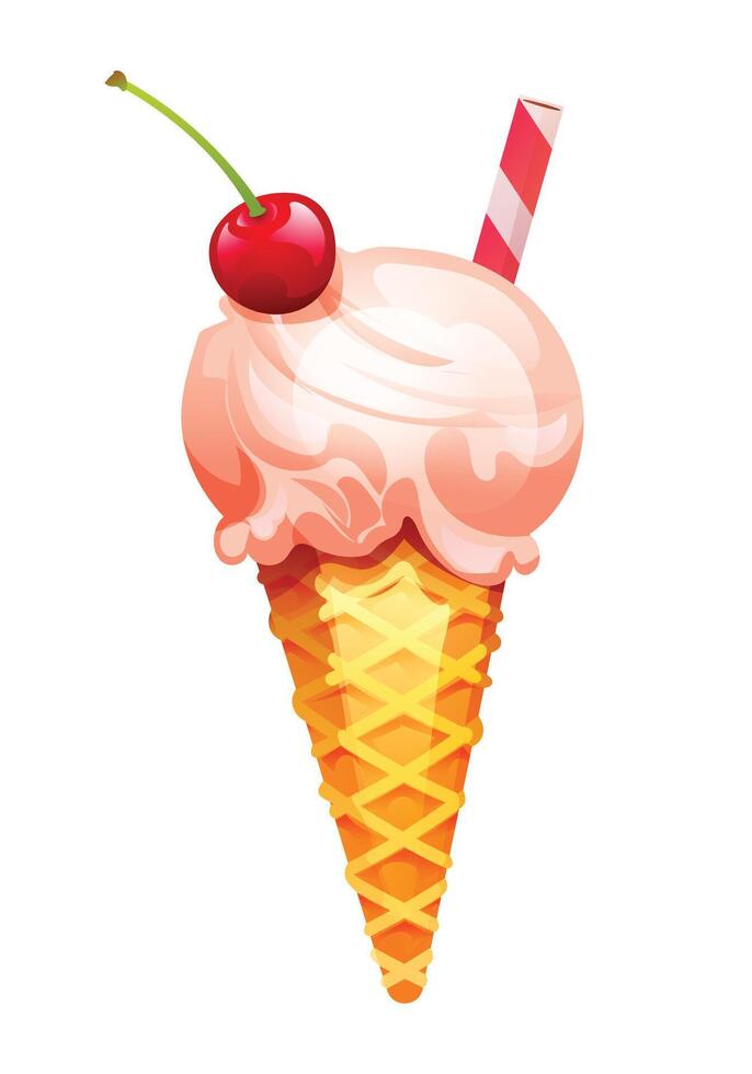 Ice cream topped with cherry and wafer stick in a waffle cone. cartoon illustration vector