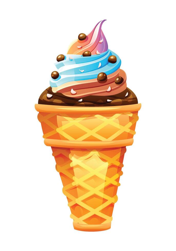 Swirled rainbow and chocolate ice cream topped with crunchy balls in a waffle cone. cartoon illustration vector