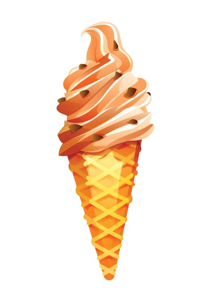 Ice cream cone soft serve with chocolate chips topping. cartoon illustration vector