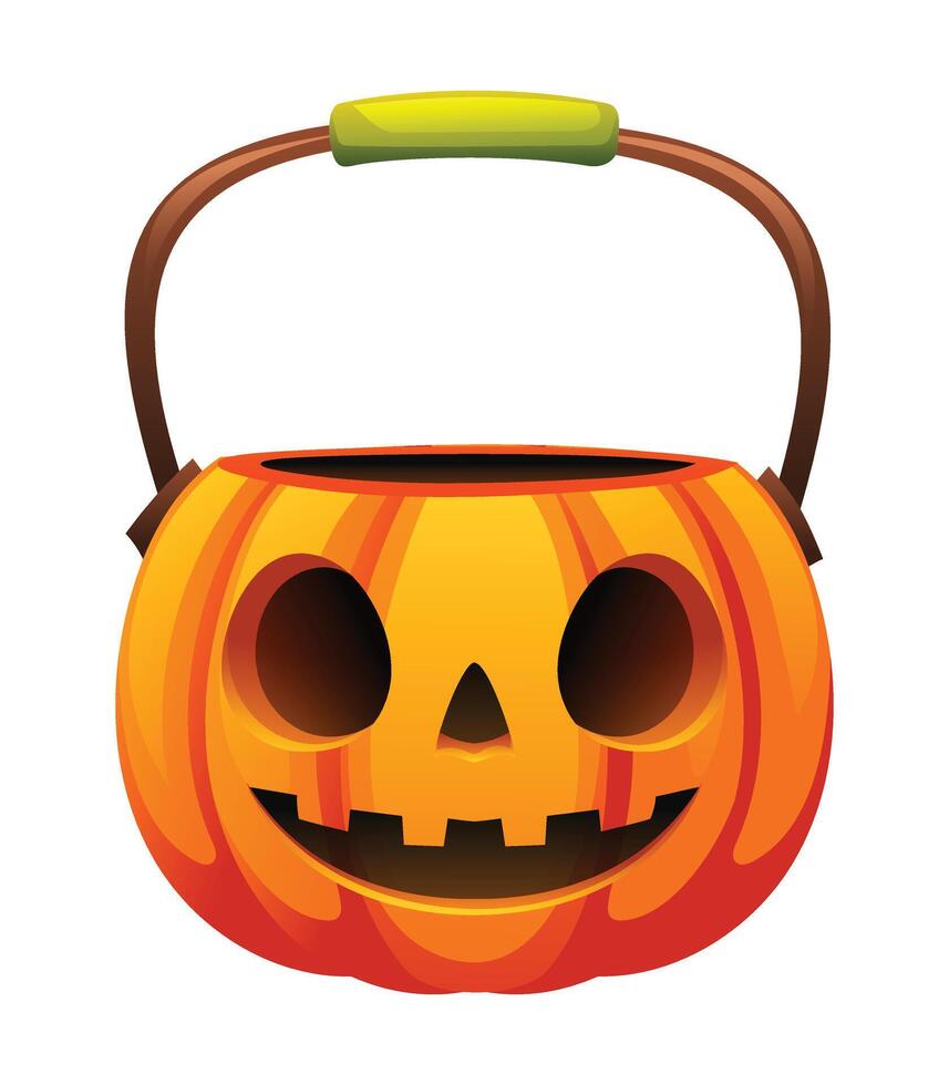 Halloween pumpkin bucket with a cute smiling face and brown handle, ideal for candy collecting. Cartoon illustration vector