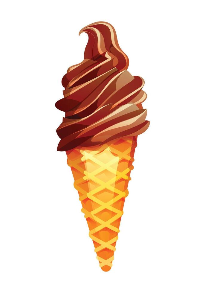 Chocolate ice cream in a waffle cone with swirl of creamy goodness. cartoon illustration vector