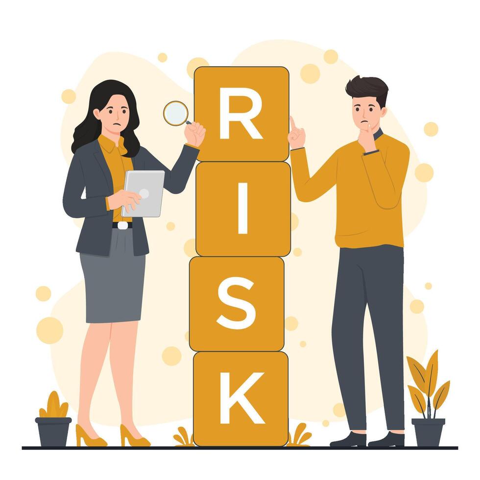 Business people standing next to a cube with the word risk vector