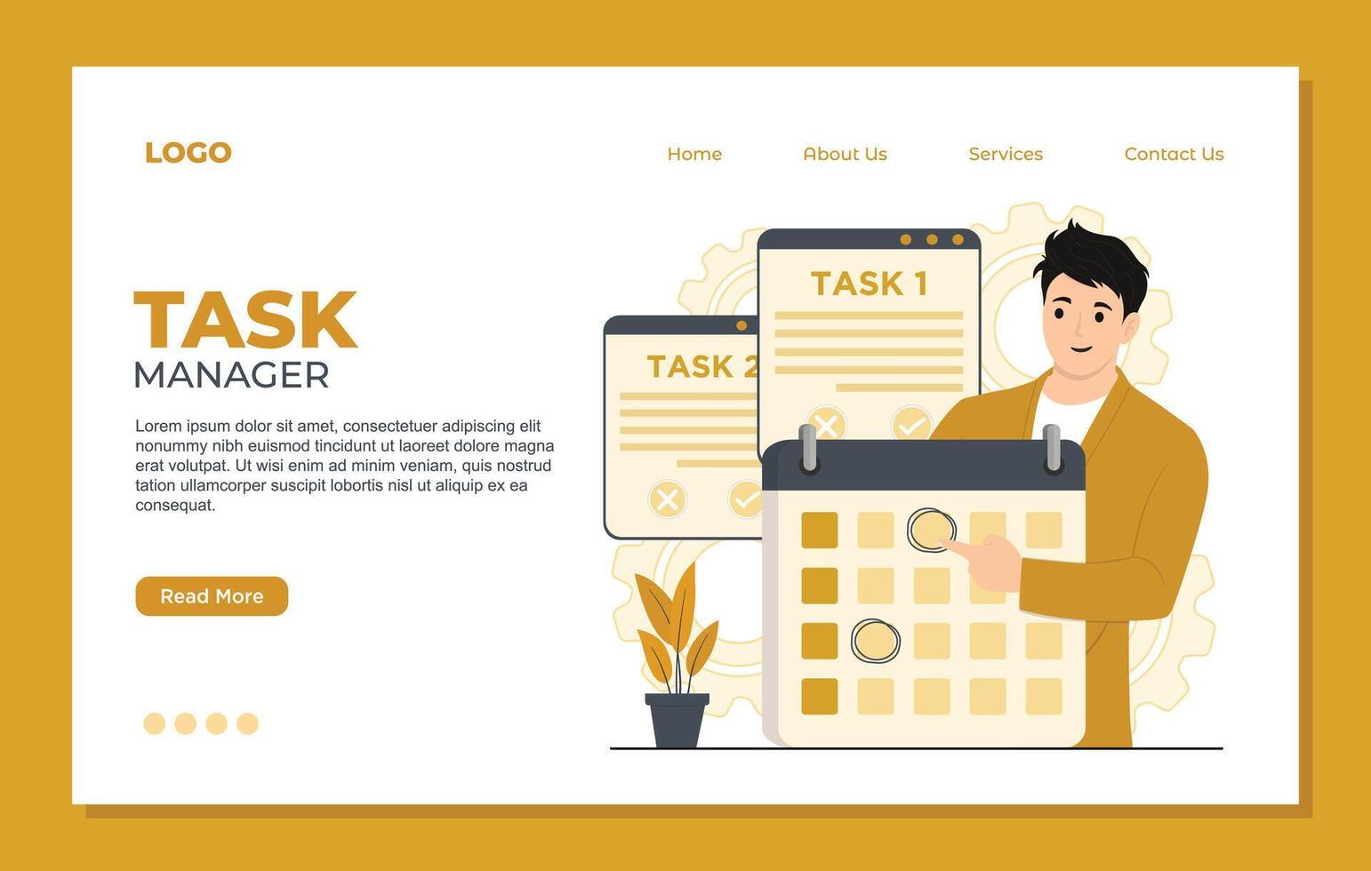 Task manager landing page template illustration in flat style. Businessman with calculator. vector
