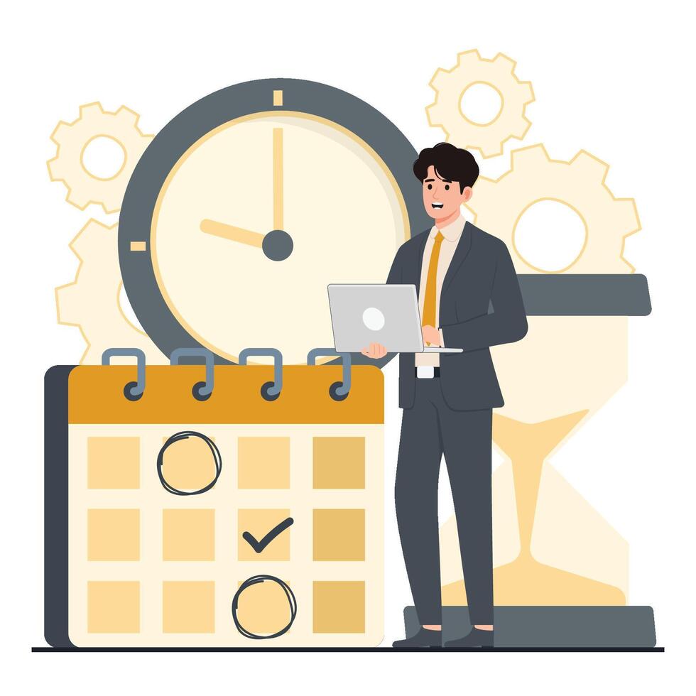 Time management concept. Businessman standing near calendar, clock and gear. illustration in flat style vector