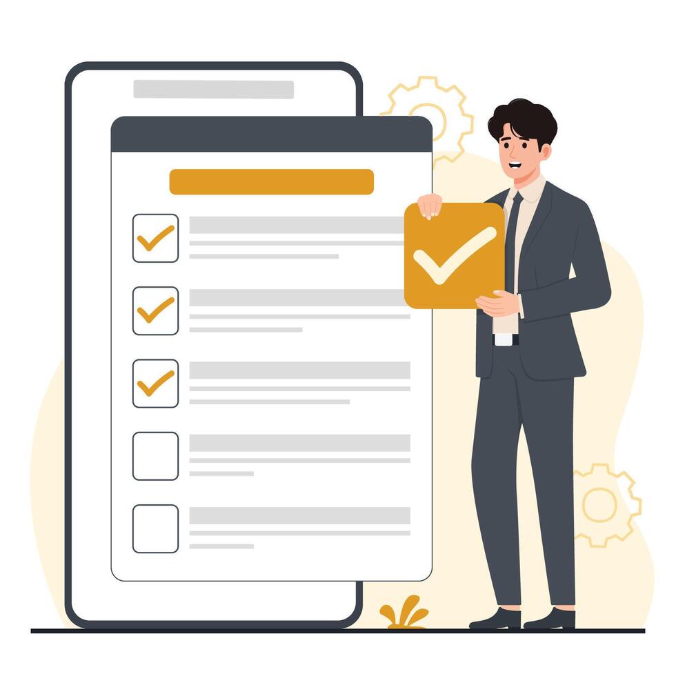 Businessman holding check box and phone with checklist vector