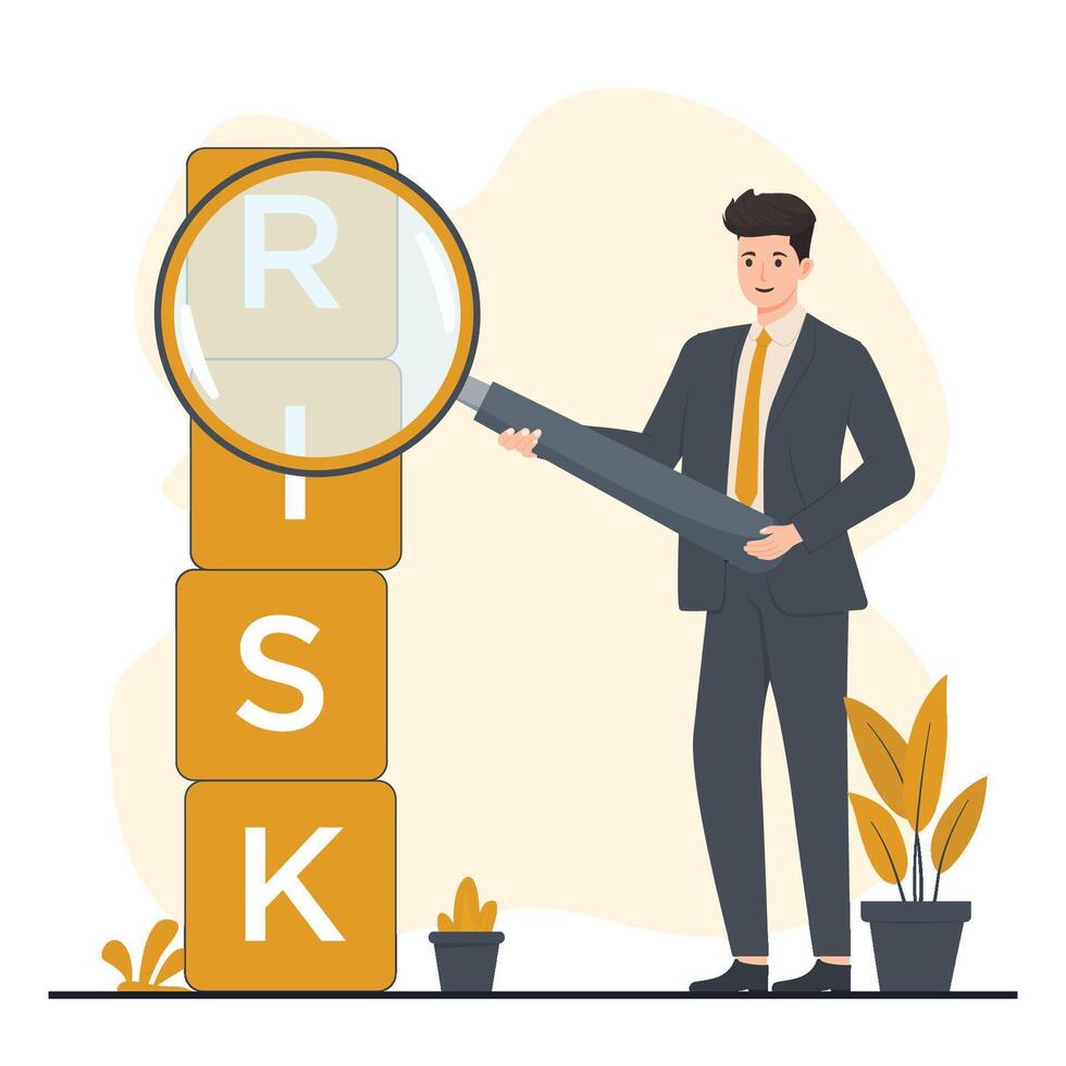 Businessman holding magnifying glass to search risk concept illustration vector