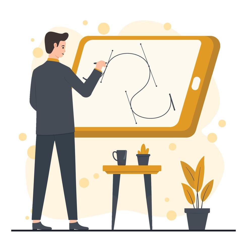 A man is drawing on a whiteboard with a pen vector
