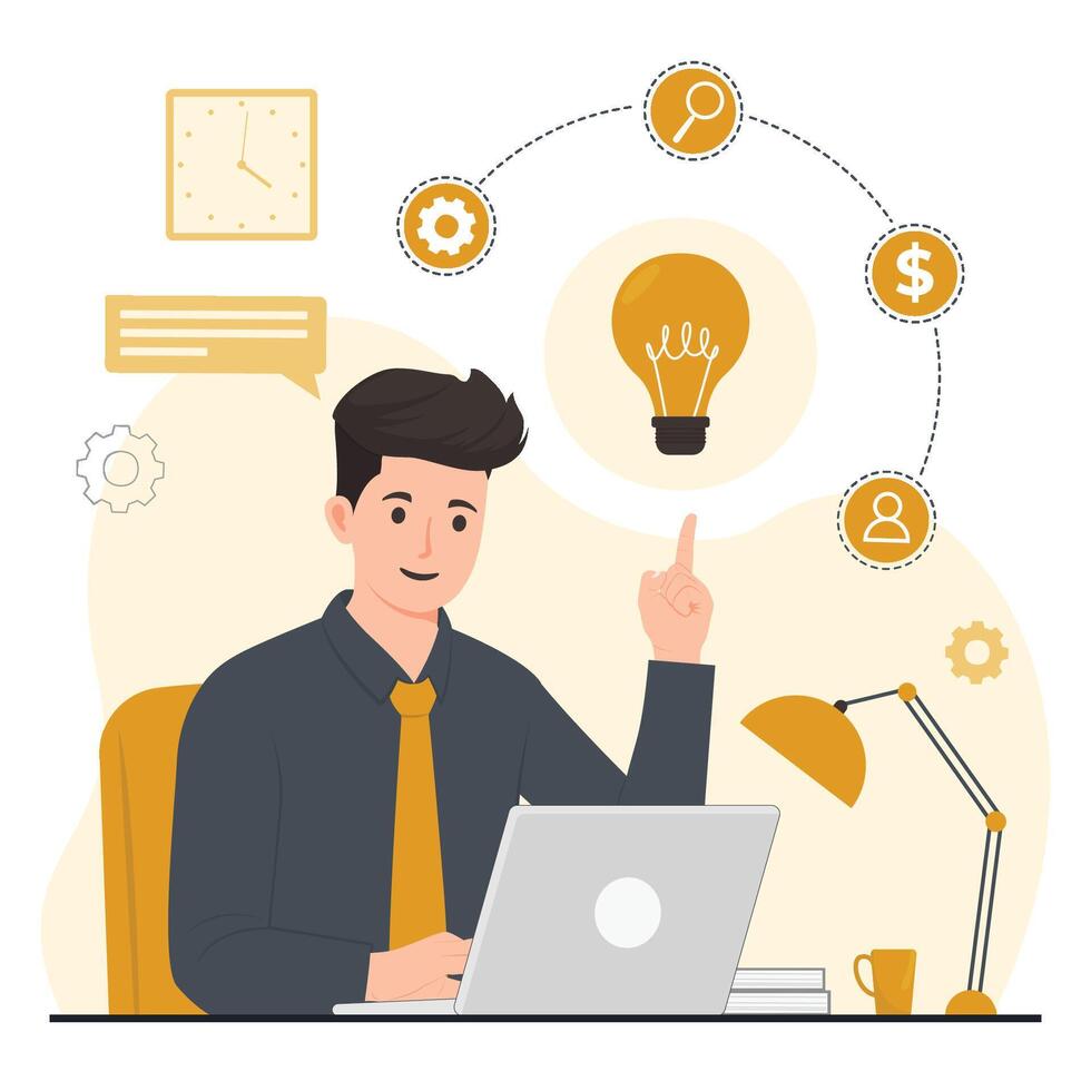 A man is sitting at his desk with a laptop and a light bulb above him vector