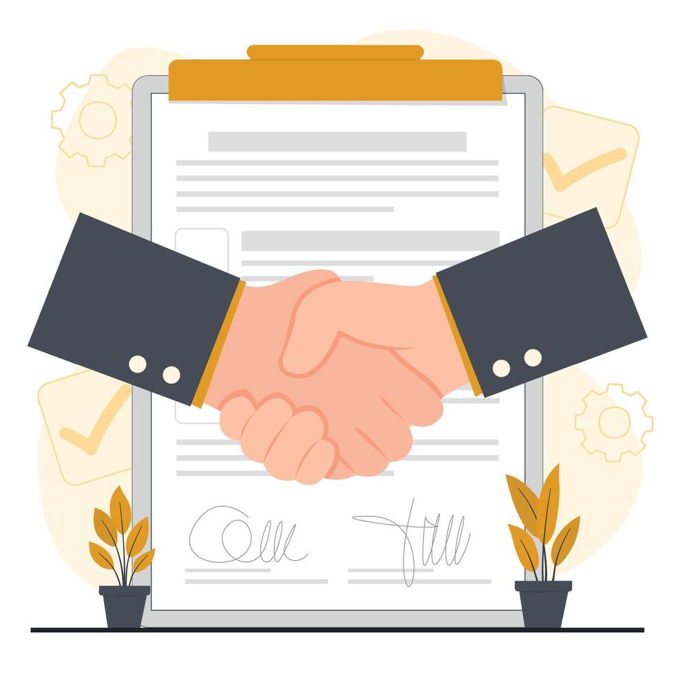 Handshake between two businessmen on a contract document vector
