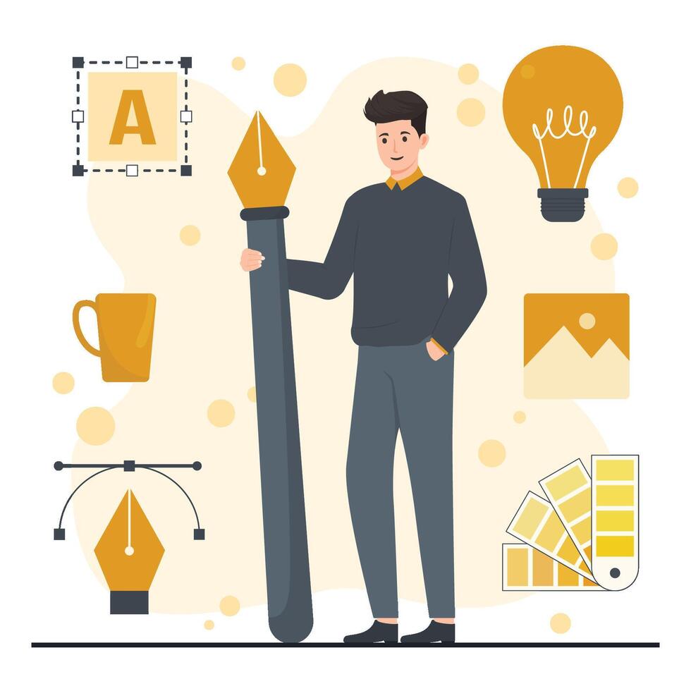 A man holding a large pen and a bunch of other items vector
