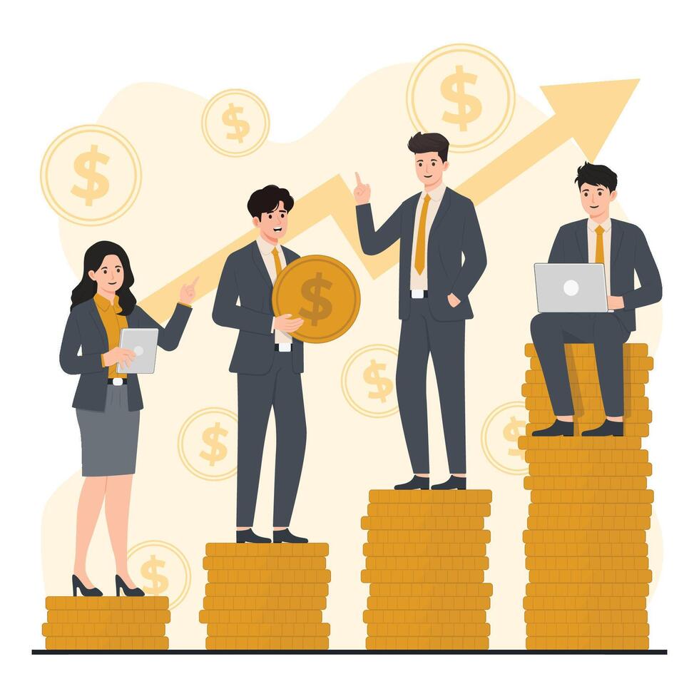 Business people standing on stacks of money with an arrow pointing up vector