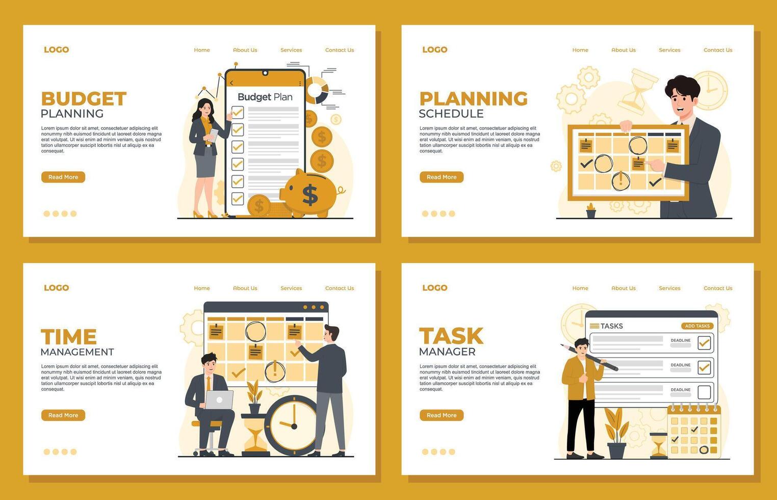 Set of Landing page Business planning templates, task manager, time management, Planning schedule, BUDGET Planning illustration concepts for website and mobile website vector
