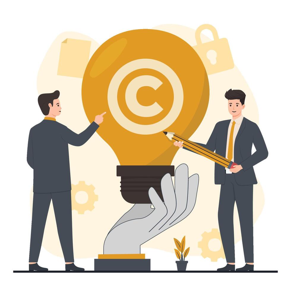 Two men in suits holding a light bulb with the copyright symbol vector