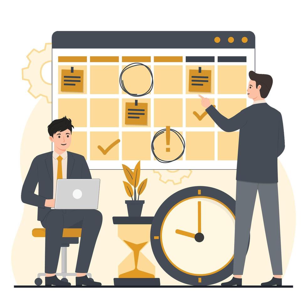 Time management concept. Businessman working on laptop and planning schedule. illustration in flat style vector