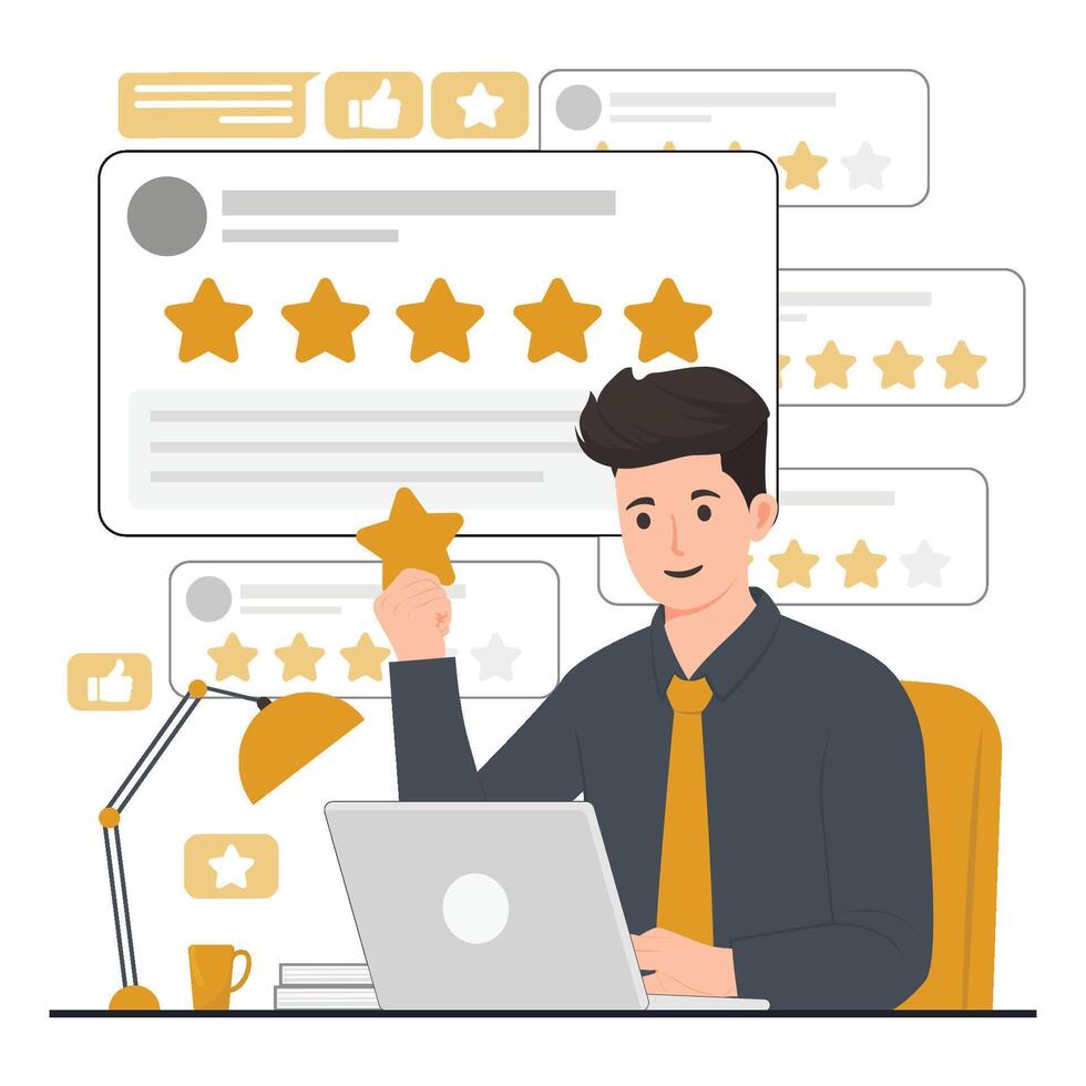 A man is holding up a star rating on his laptop vector