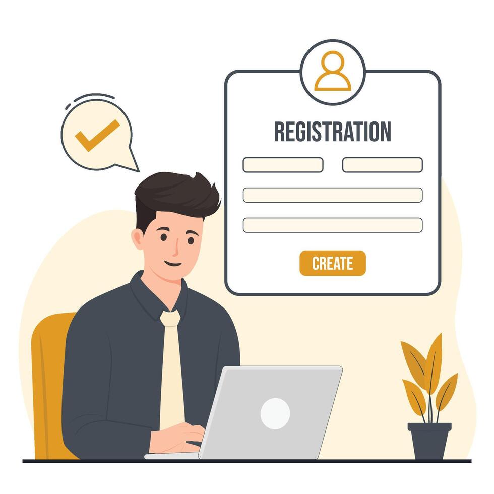 Man working on his laptop in front of registration form vector