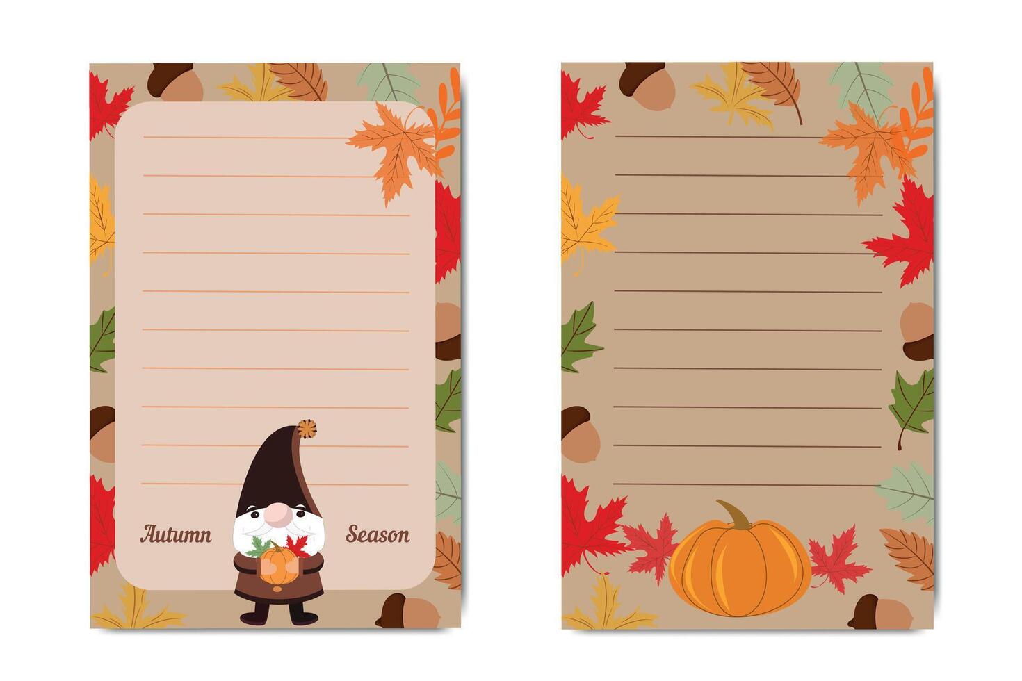 Autumn notepad template with cute gnome, pumpkin, acorns, and colorful leaves on lined pages for seasonal notes vector