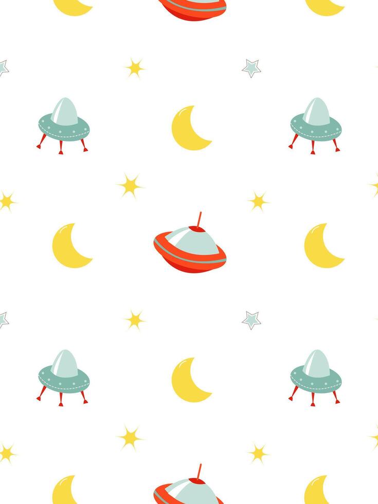 cute children's pattern with a spaceship, stars, moon on a white background vector