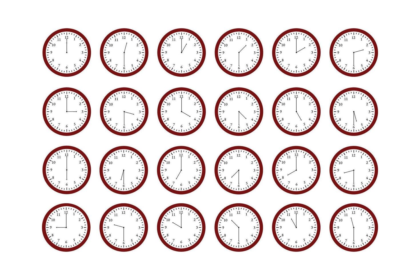 Set of round clocks showing different times of the day from one to twelve at a half hour intervals vector
