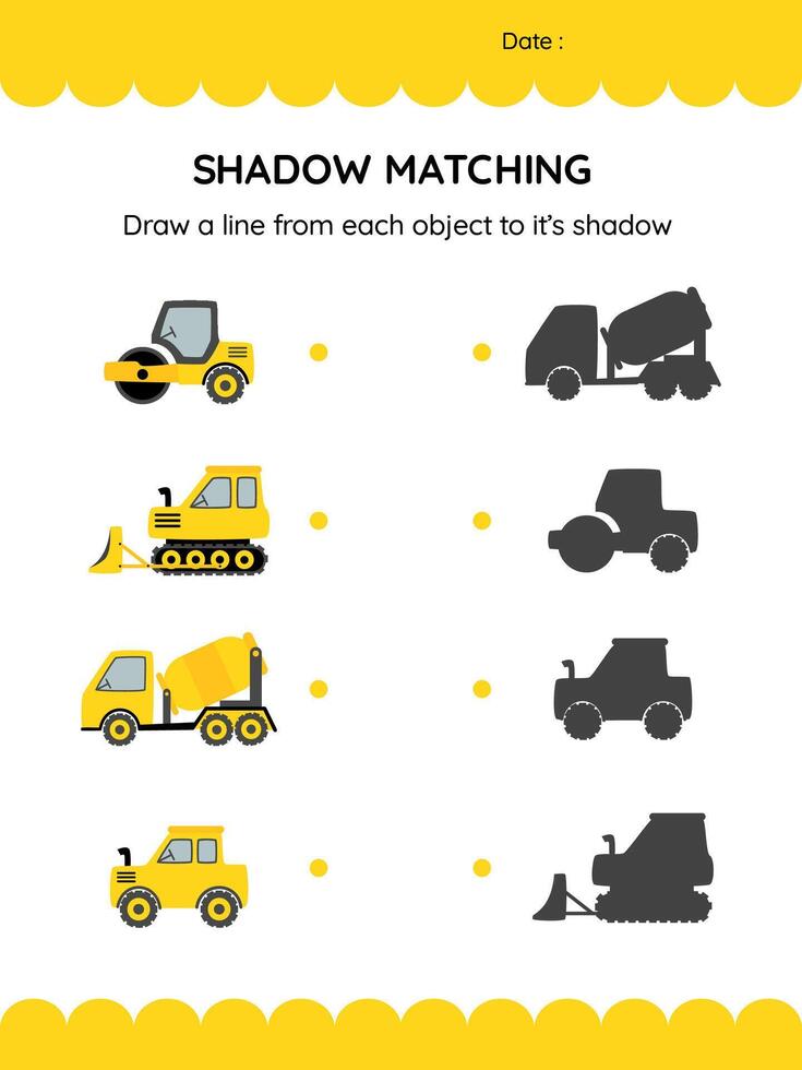 Education game for kids. Find the shadow of the construction vehicles. Preschool worksheet activity. Children funny riddle entertainment. illustration vector