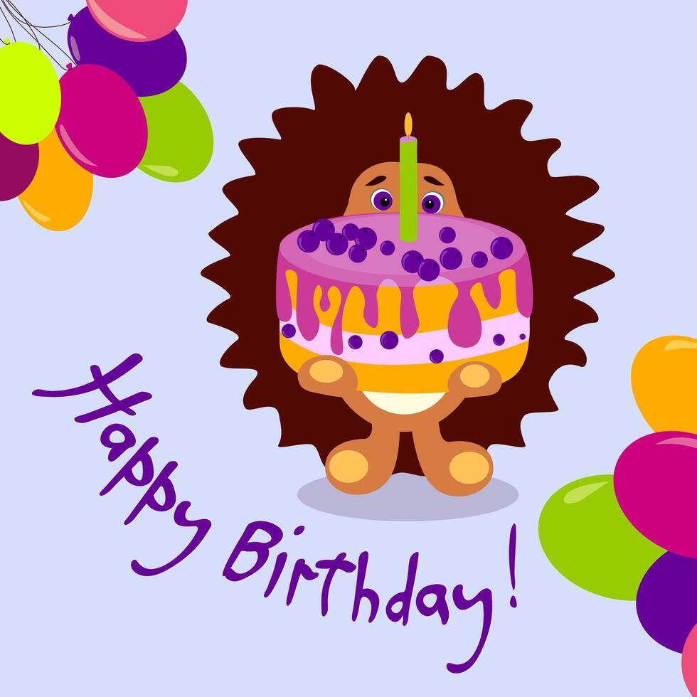 Bright children's Happy Birthday card in cartoon style, hedgehog holding balloons vector