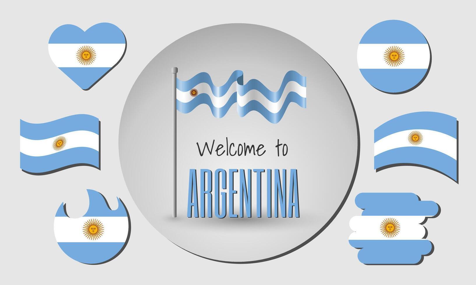 Waving flag of Argentina with the inscription Welcome to Argentina. Different versions of the flag in the shape of a heart, circle, arc, etc. vector