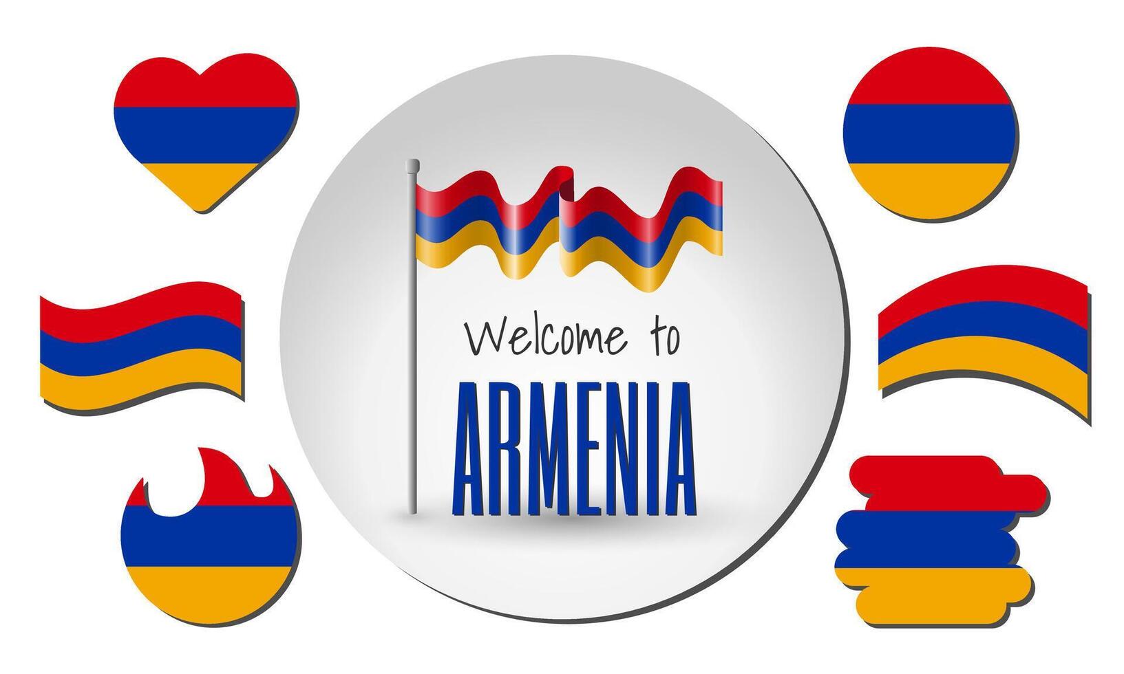 Waving flag of Armenia with the inscription Welcome to Armenia. Different versions of the flag in the shape of a heart, circle, arc, etc. vector