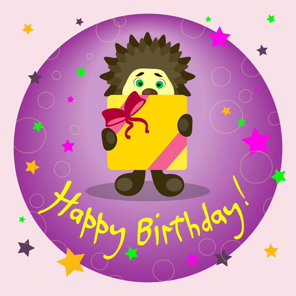 Bright Happy Birthday card in cartoon style, hedgehog giving a big gift vector