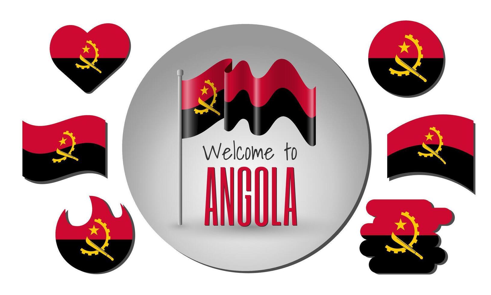 Waving flag of Angola with the inscription Welcome to Angola. Different versions of the flag in the shape of a heart, circle, arc, etc. vector