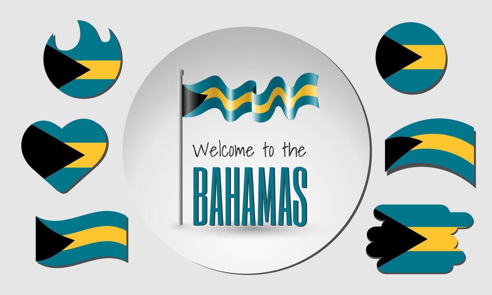 Waving flag of the Bahamas with the inscription Welcome to the Bahamas. Different versions of the flag in the shape of a heart, circle, arc, etc. vector