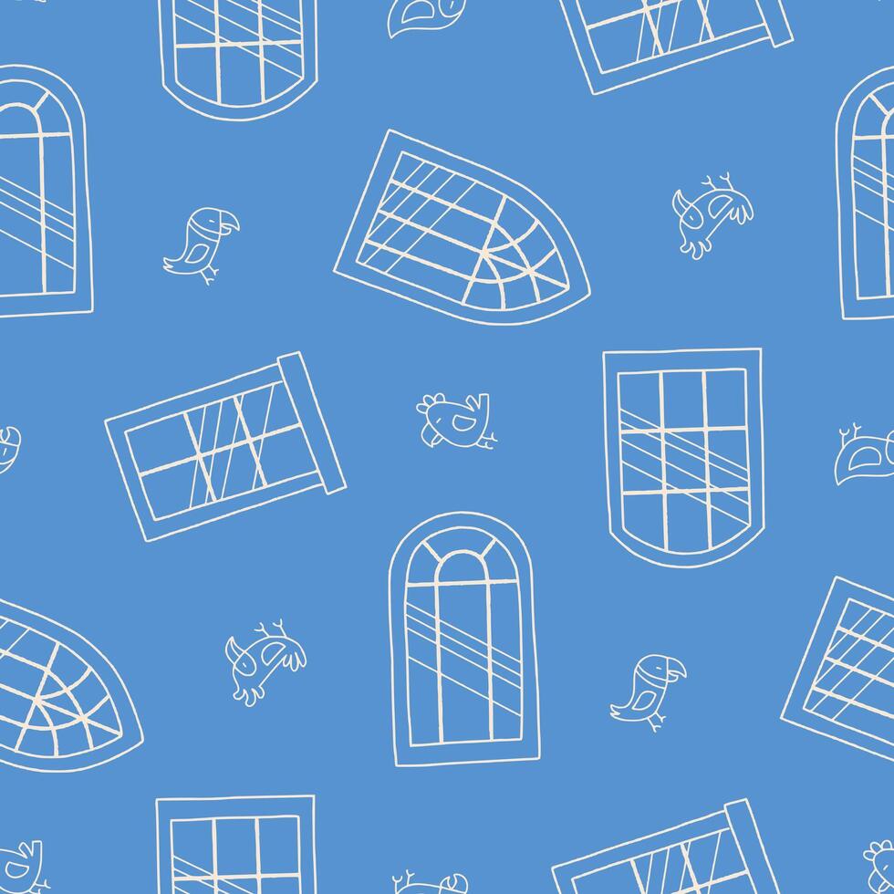Outline Window Parrot Bird Seamless Pattern illustration for Print, Wallpaper, Decoration. vector