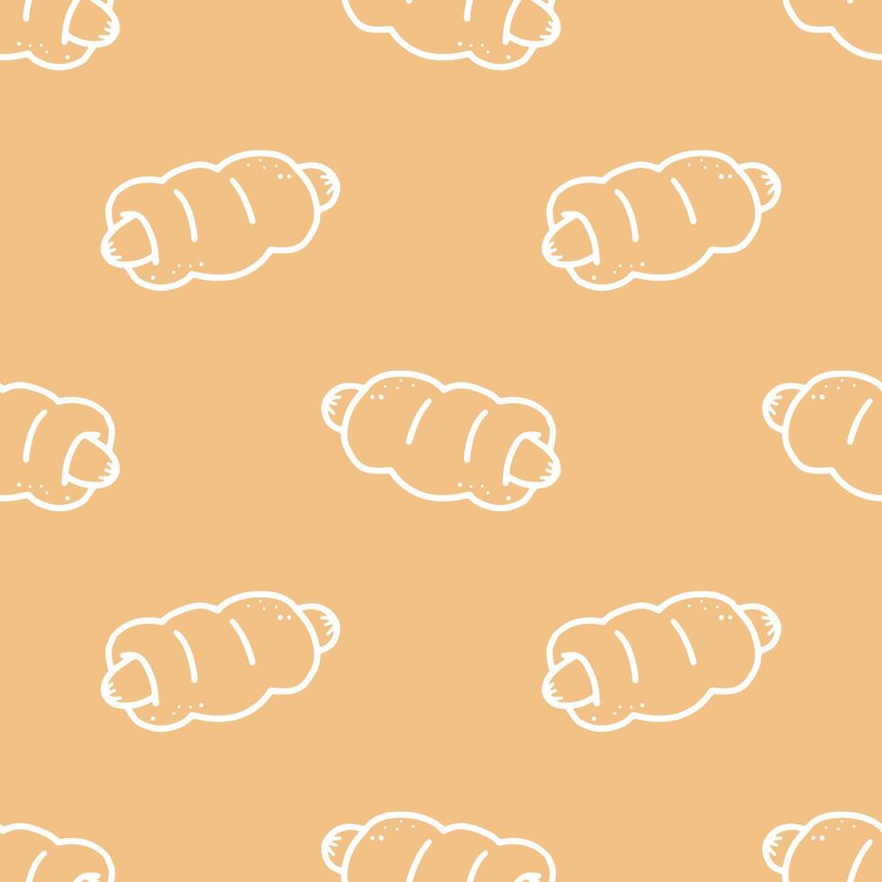 Bread stuffed with Sausage cartoon hand drawn seamless patterns on Light brown background. vector