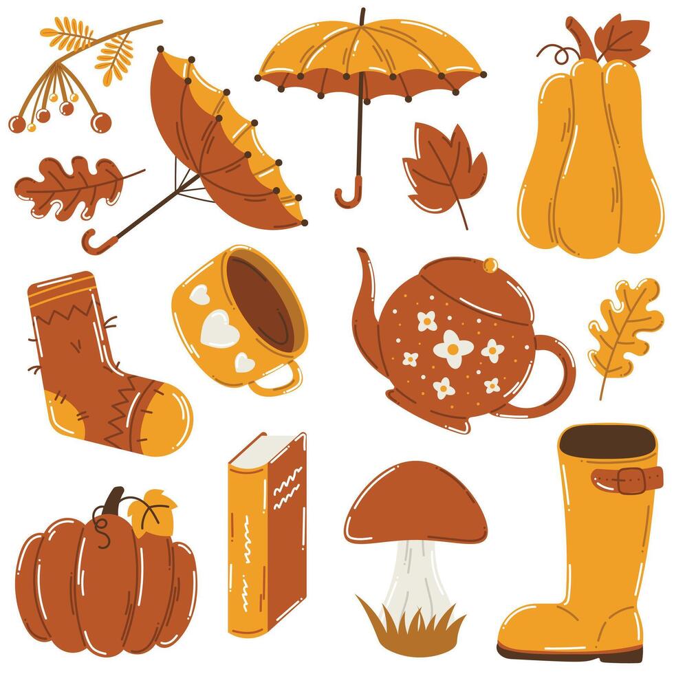 Autumn elements set, cozy fall hand drawn, pumpkin, umbrella, boot, teapot, mug, sock, mushroom, book, leaf vector