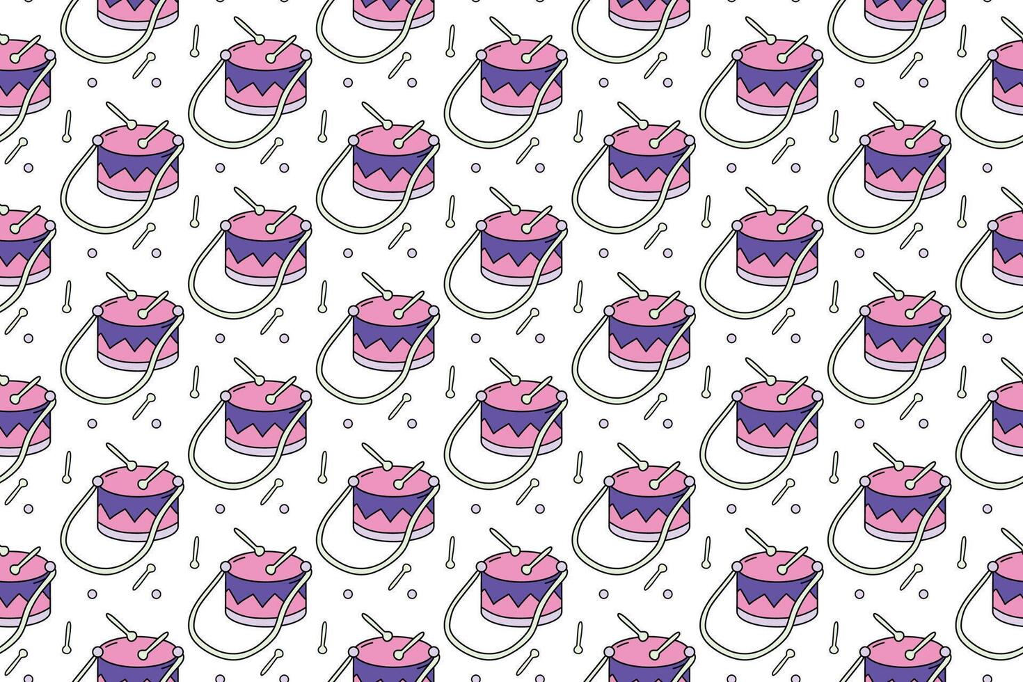 Seamless pattern with drums and drum sticks on White background. Flat illustration. Cartoon Music Equipment Template for Print, Textile, Fabric, Wrapping paper. Color Background vector